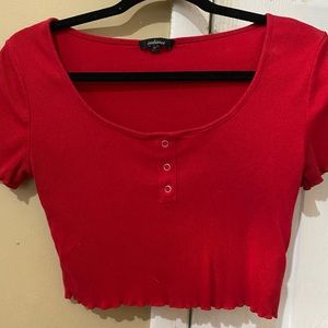 Red U-Neck Button Detail Crop Top